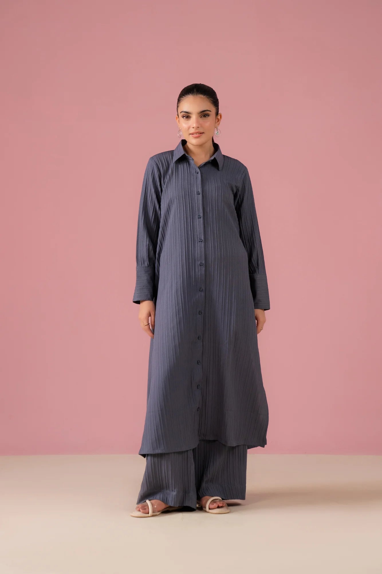 2 Piece Solid Textured Co-ord Set in tropical grey with button-down shirt and wide-leg trousers for stylish women