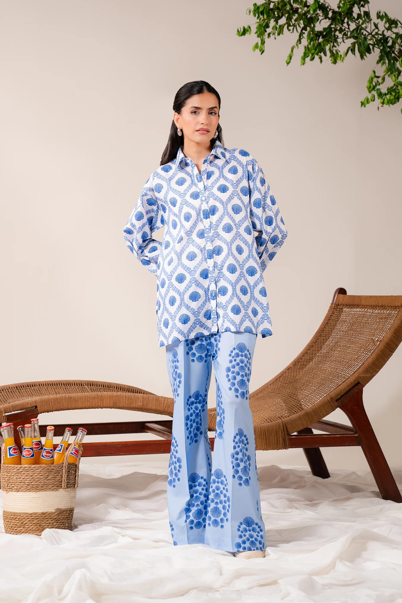 2 Piece printed lawn co ord sets for women – trendy blue printed shirt and trousers, perfect for casual wear and summer outfits in Pakistan