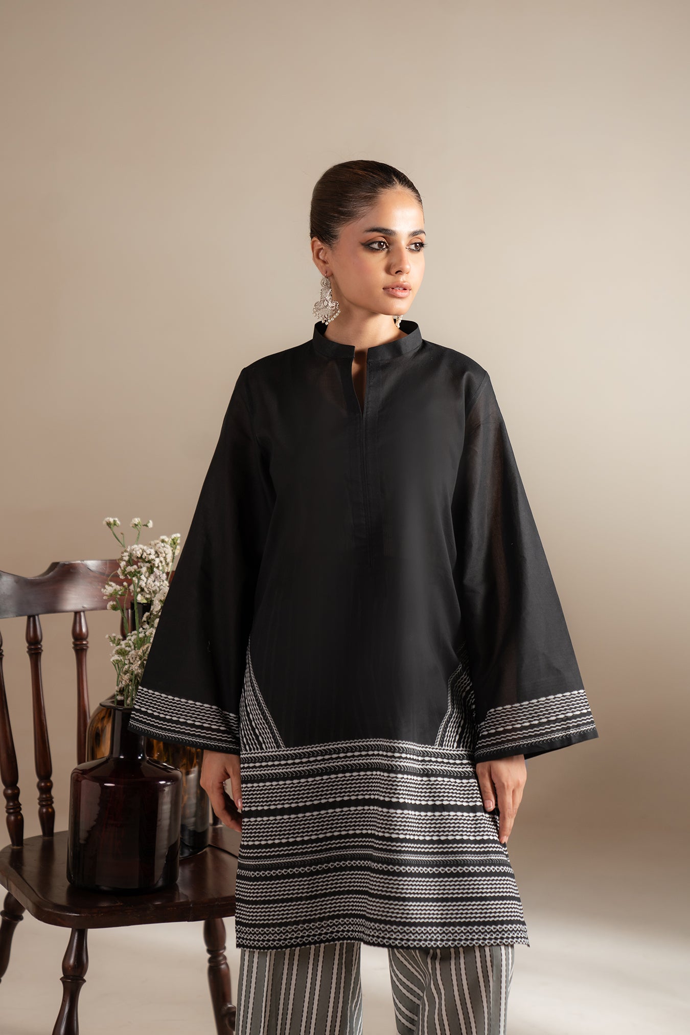 2 piece black printed lawn suit geometric patterns - monochrome Pakistani formal wear women