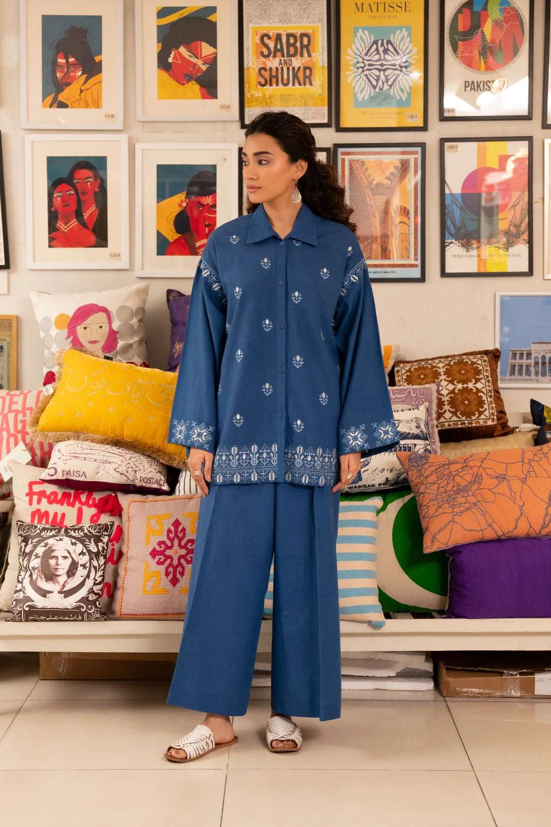 2 piece embroidered lawn co-ord set – elegant blue matching shirt and trousers for a stylish look.