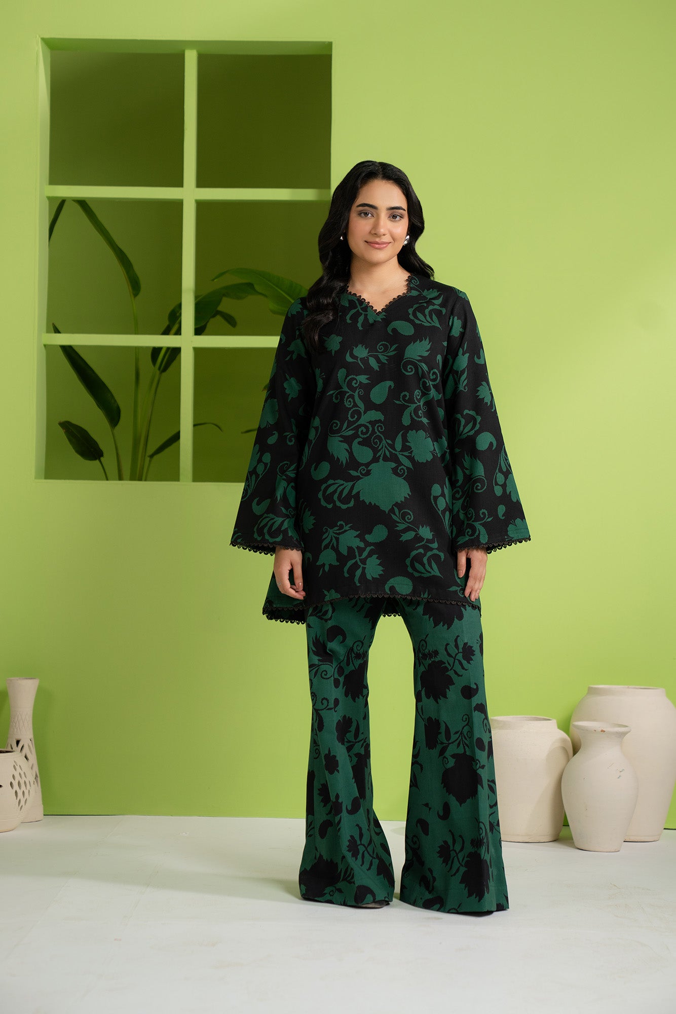2 piece unstitched digital printed linen suit for women, black and dark green floral pattern, trendy Pakistani dress design for summer