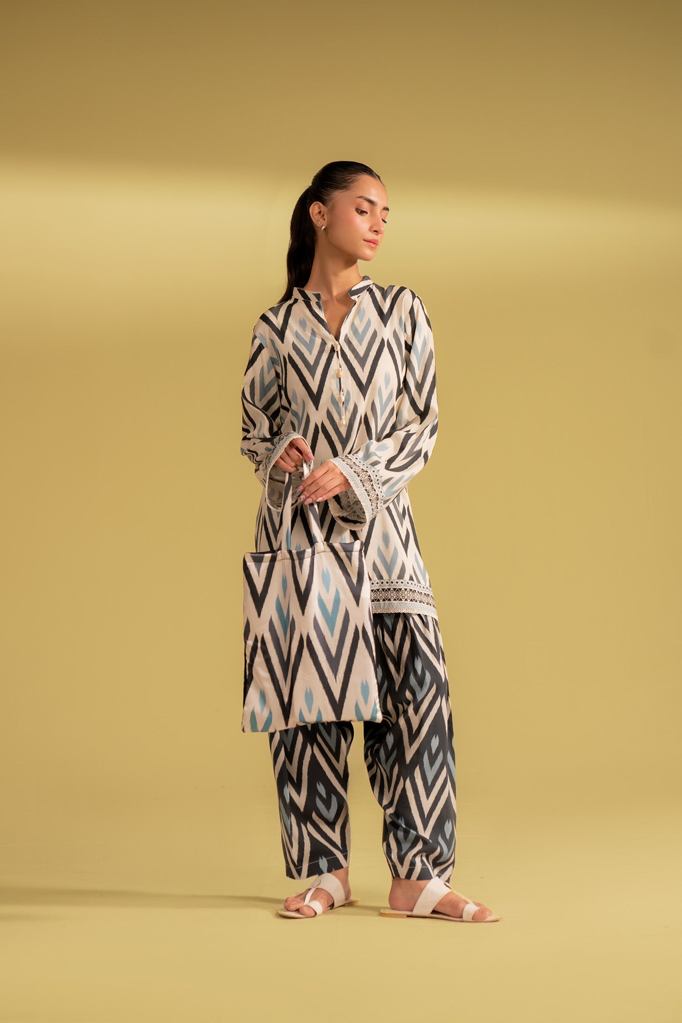 2 piece unstitched digital printed linen suit for women, black and off-white with blue ikat pattern, trendy Pakistani dress for summer