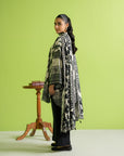 3-piece unstitched linen fabric for women, elegant black and off-white abstract design, ready for custom tailoring in Karachi