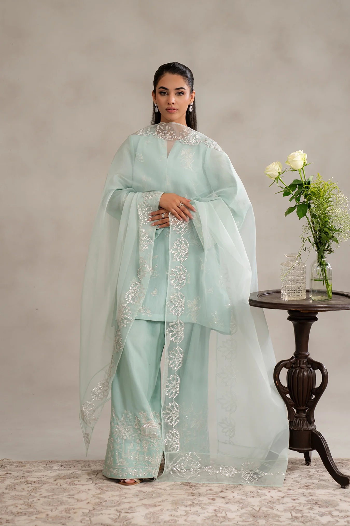 3 Piece Embroidered Raw Silk Suit in pastel green – premium ladies raw silk suits in Pakistan