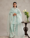 3 Piece Embroidered Raw Silk Suit in pastel green – premium ladies raw silk suits in Pakistan
