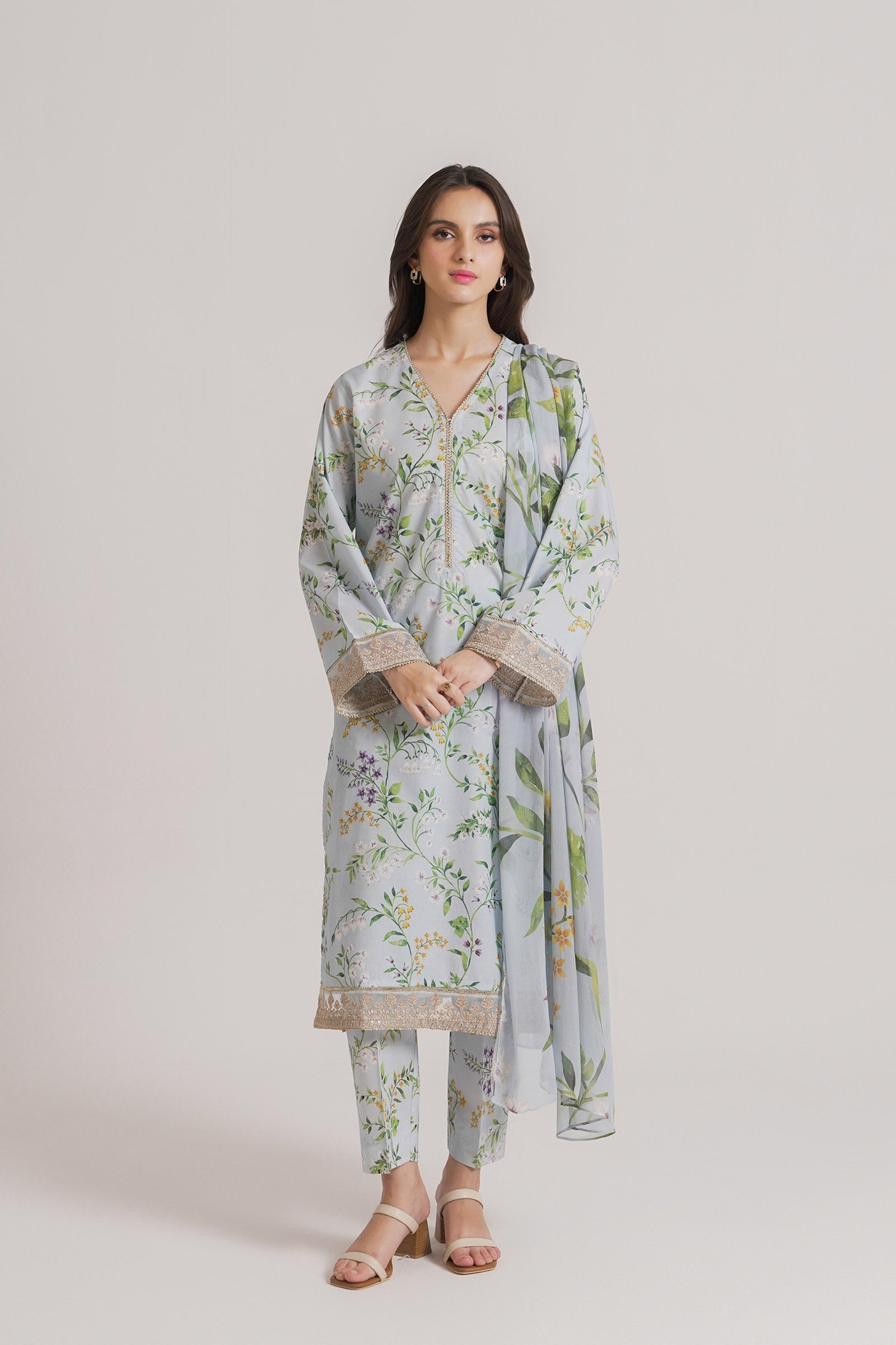 3 Piece Printed Lawn Suit Sky Blue