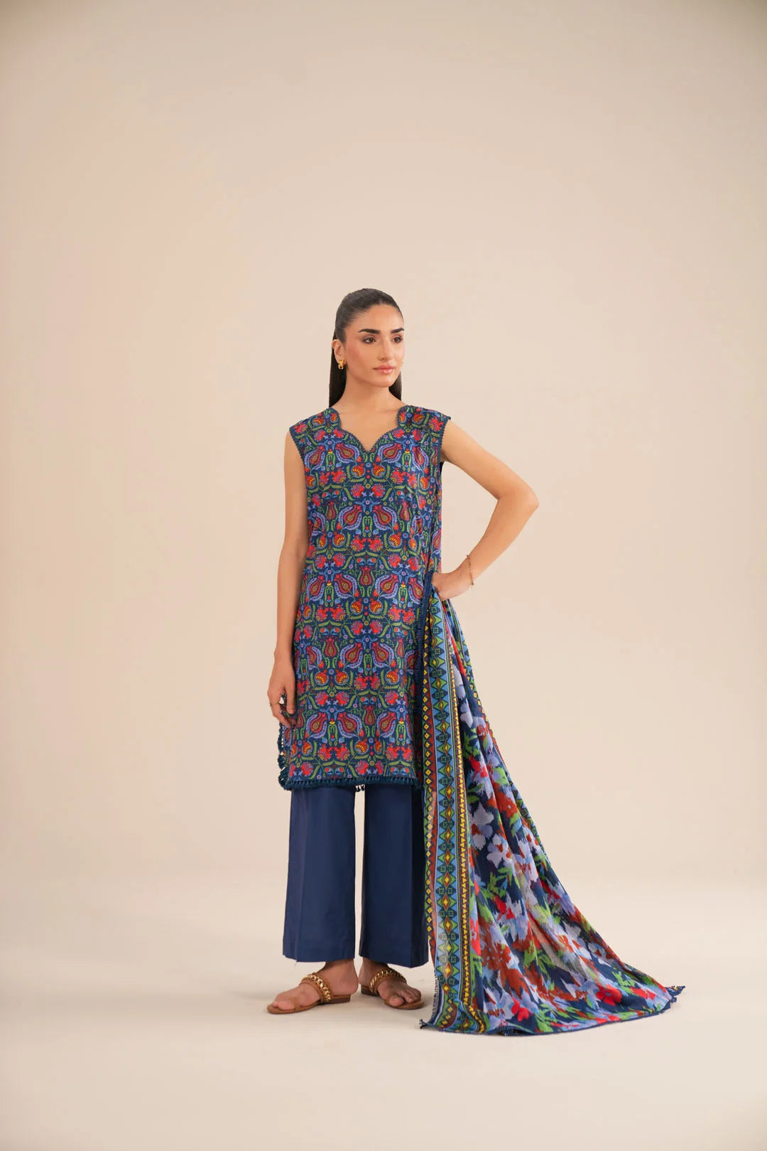 3 Piece Printed Lawn Suit in Navy Blue 2025
