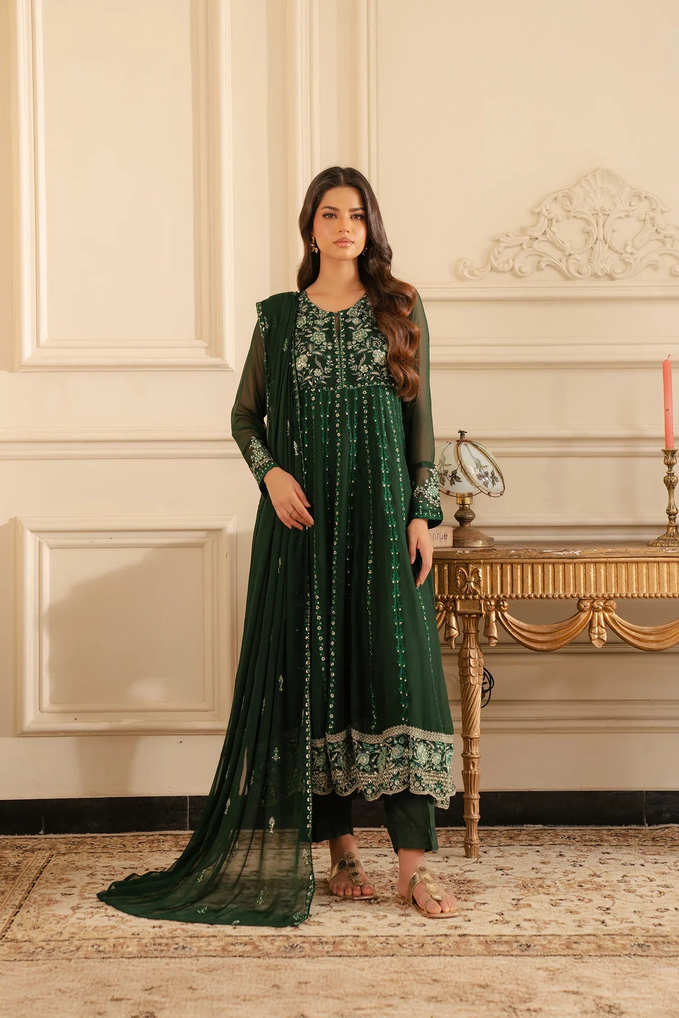 3 piece chiffon suit with embroidered dupatta and trousers