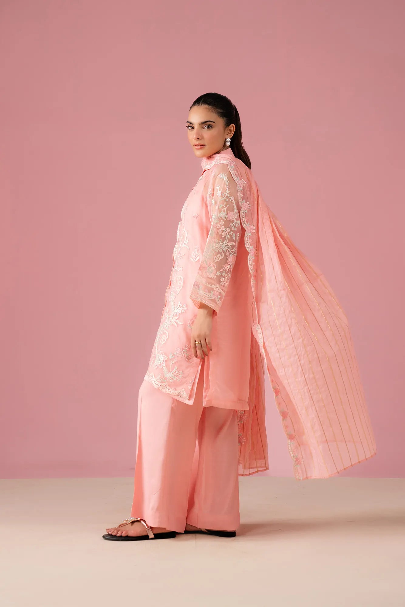 3 piece organza suit with floral embroidery and dupatta