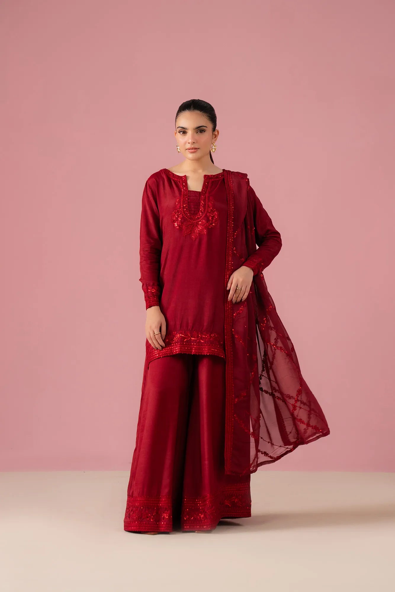 3 piece raw silk Pakistani suit with sharara and dupatta