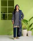 3 piece unstitched cambric suit for women, blue and beige digital printed shirt with tussar silk dupatta, trendy Pakistani dress