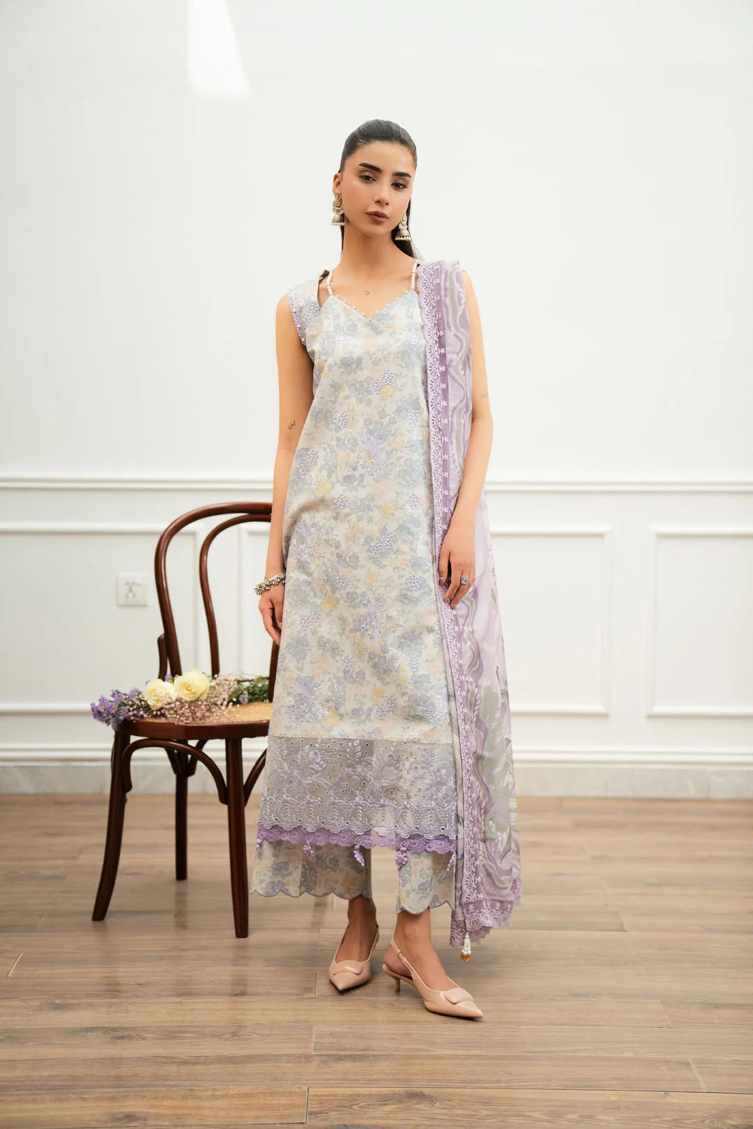3 piece unstitched lawn suit cream base lilac floral print summer 2026 Pakistan Beyond East Meher Vol 2