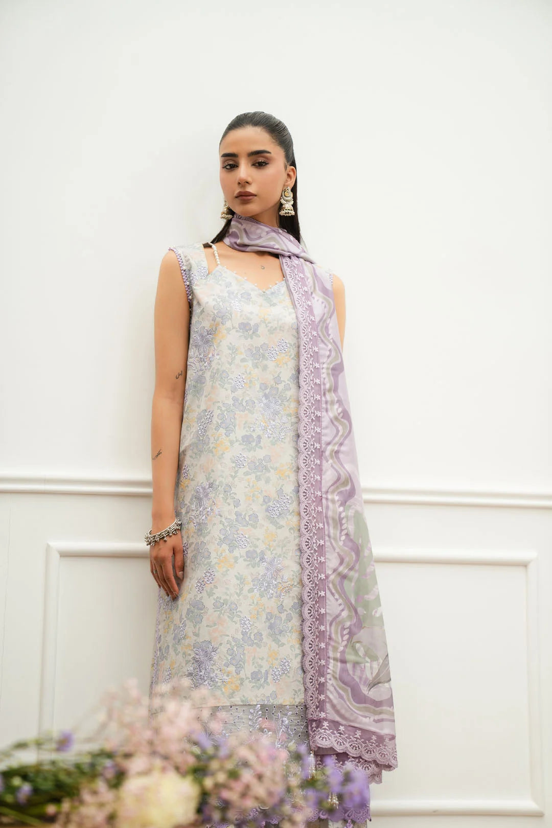 3 piece unstitched lawn suit cream floral side view summer collection Pakistan Meher Unstitched Vol 2