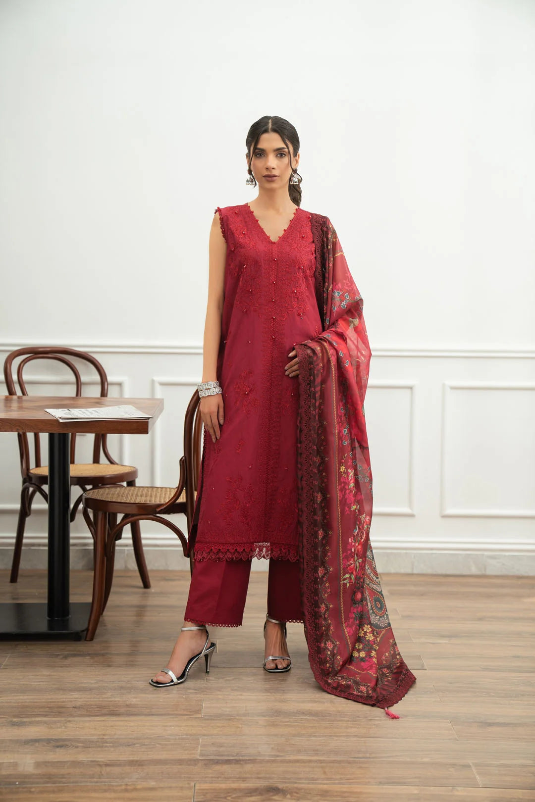 3 piece unstitched lawn suit deep red solid V-neck embroidery printed silk dupatta summer 2026 Pakistan Beyond East Meher Vol 2