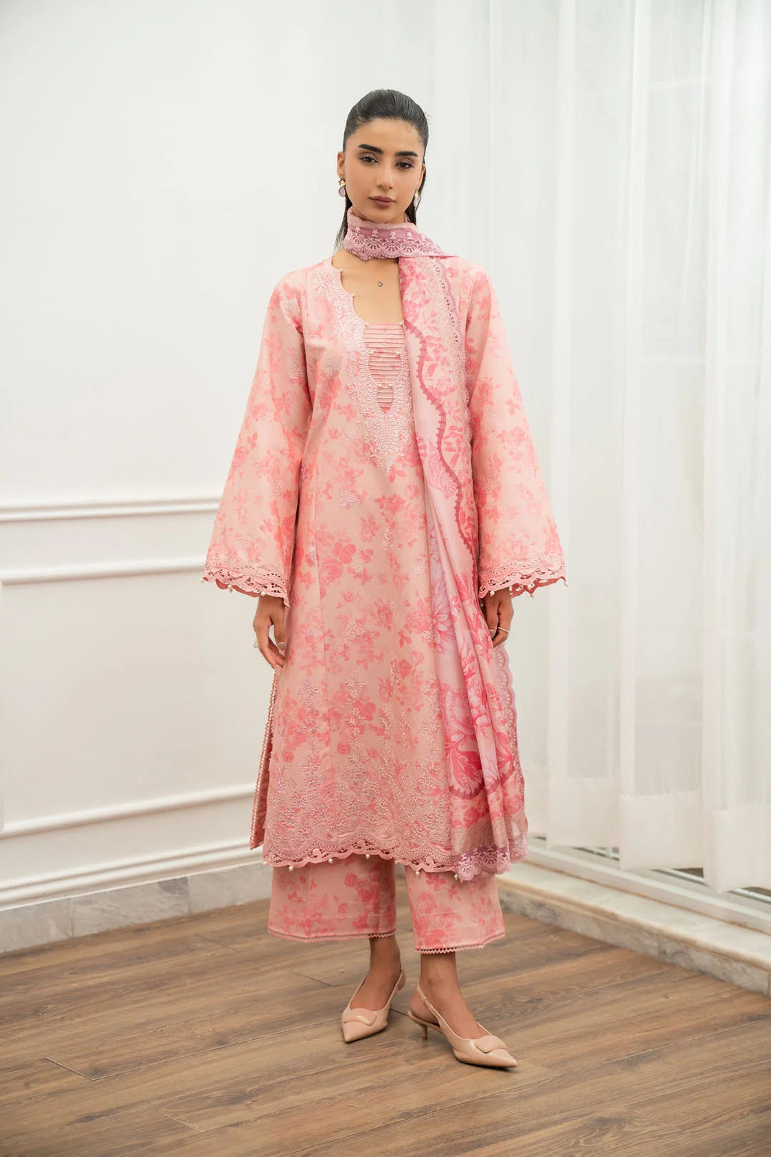 3 piece unstitched lawn suit light pink floral print embroidery summer 2026 Pakistan Beyond East Meher Vol 2