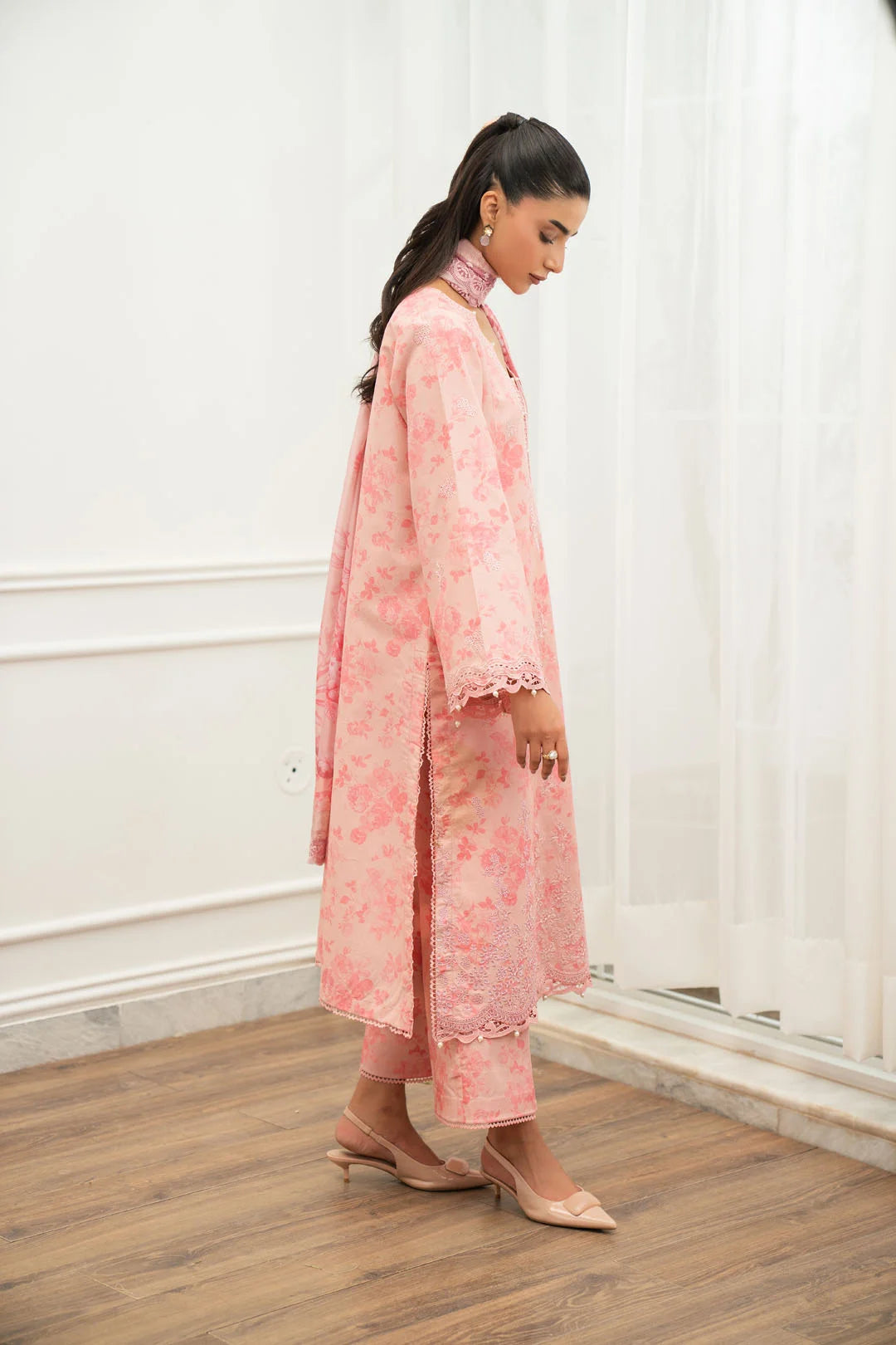 3 piece unstitched pink lawn suit women summer semi formal Eid wear Pakistan