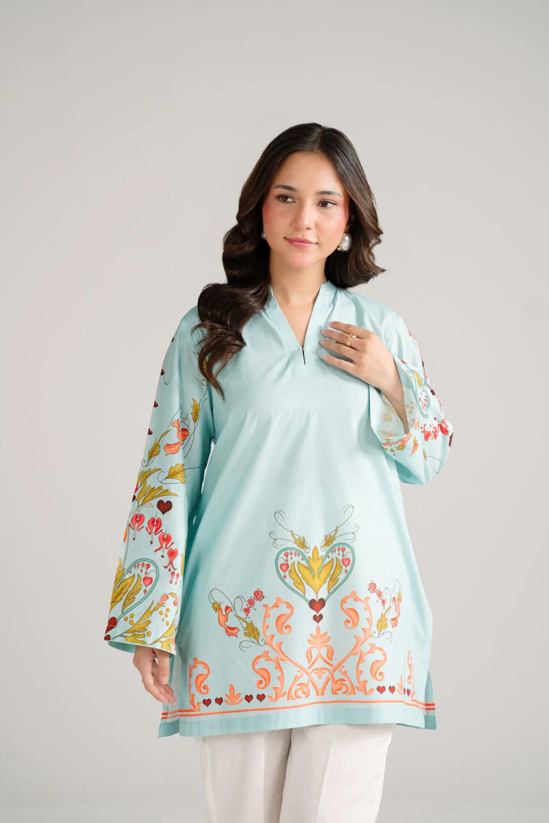 Aqua blue printed kurta for women Pakistan - casual summer cambric shirt buy online Beyond East