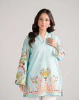 Aqua blue printed kurta for women Pakistan - casual summer cambric shirt buy online Beyond East