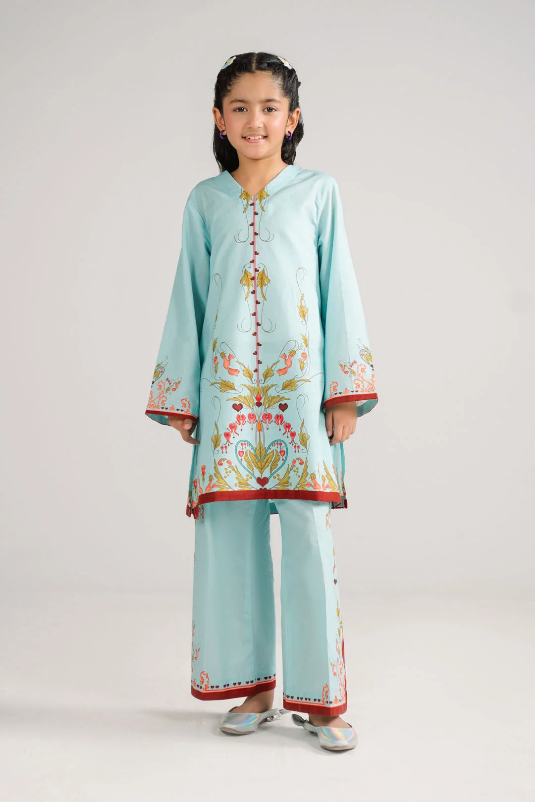 Aqua floral printed lawn suit for girls age 9-14 Pakistan - 2 piece tween summer outfit Beyond East mommy and me matching