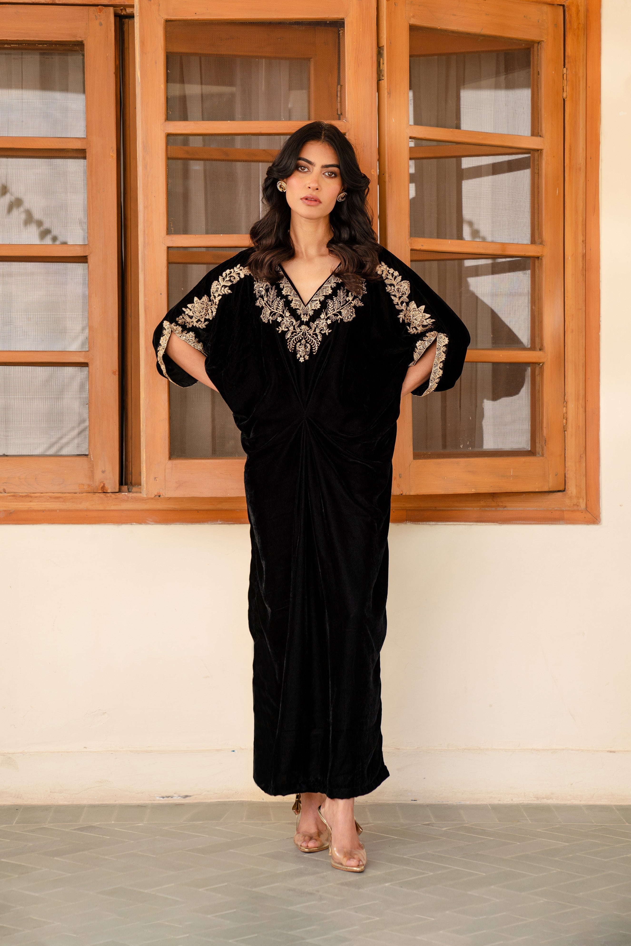 1 Piece Embroidered Velvet Kaftan Pret Winter-24