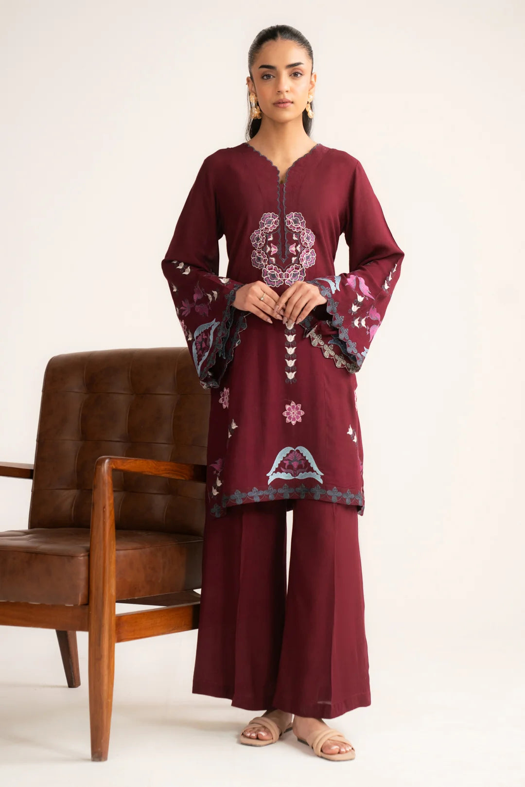 Berry maroon printed linen shirt trouser set for women
