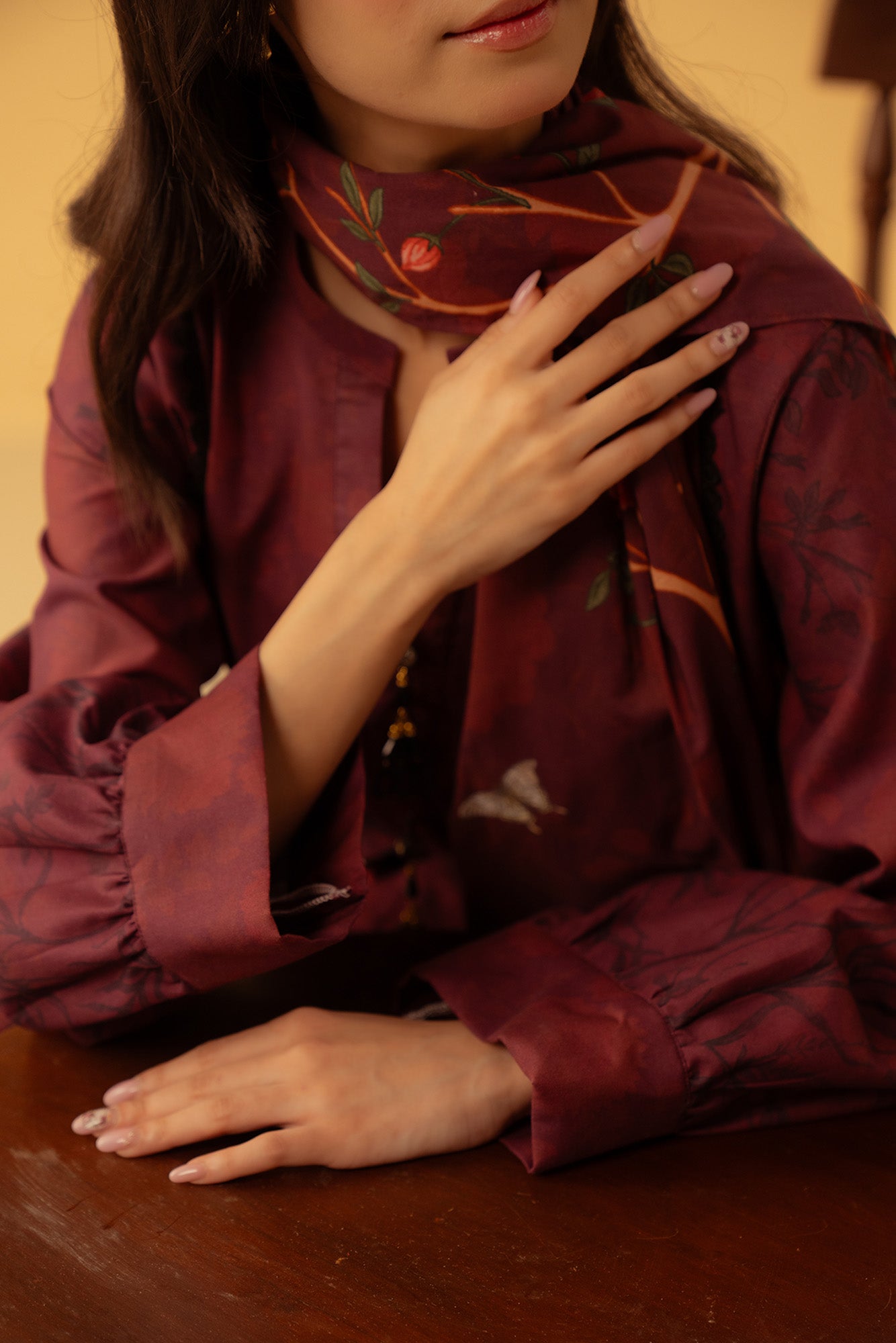 Best unstitched summer collection suit, maroon cambric and printed silk dupatta, comfortable yet stylish outfit for women in Karachi