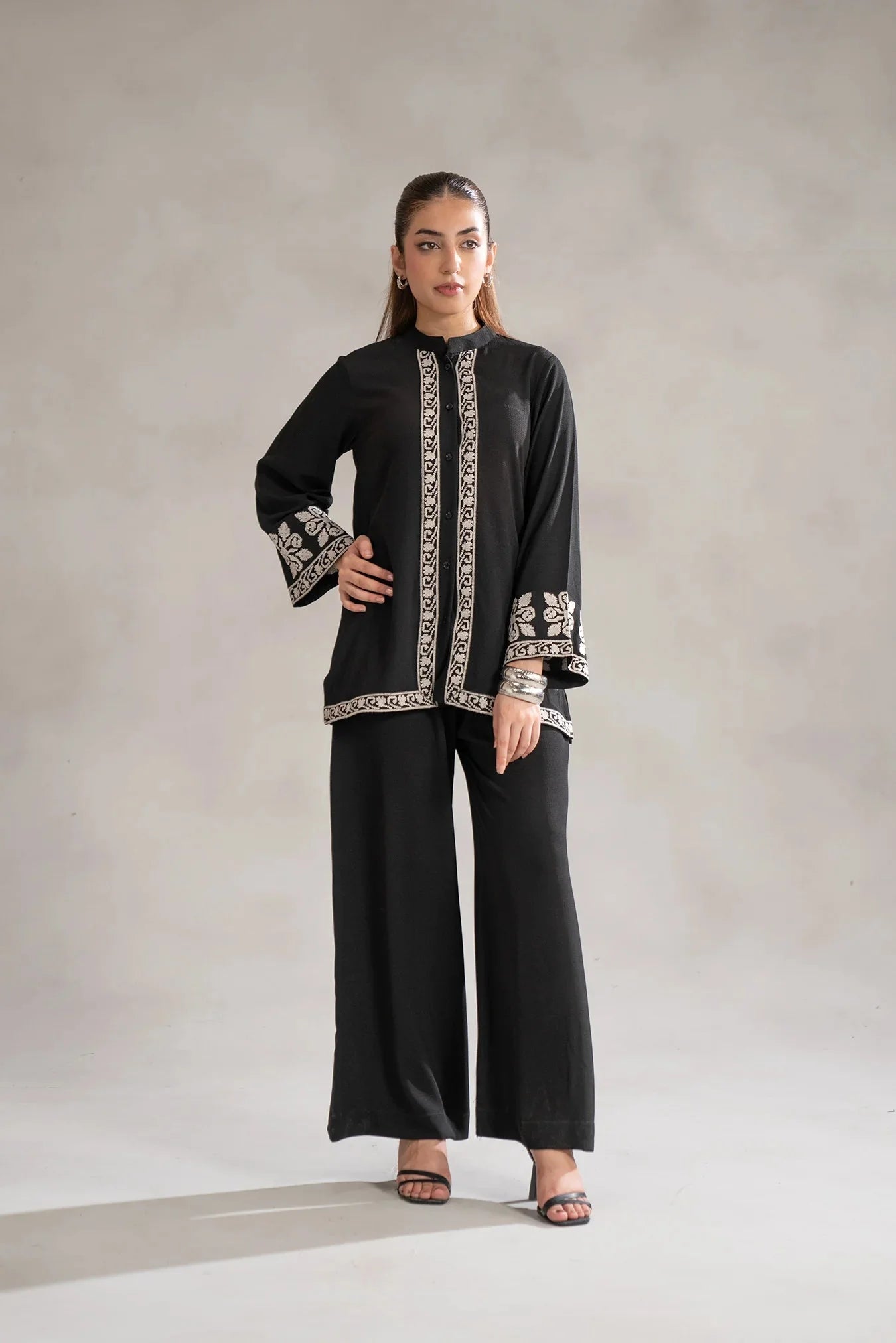 Black 2 piece embroidered suit ready to wear - monochrome Pakistani women formal outfit