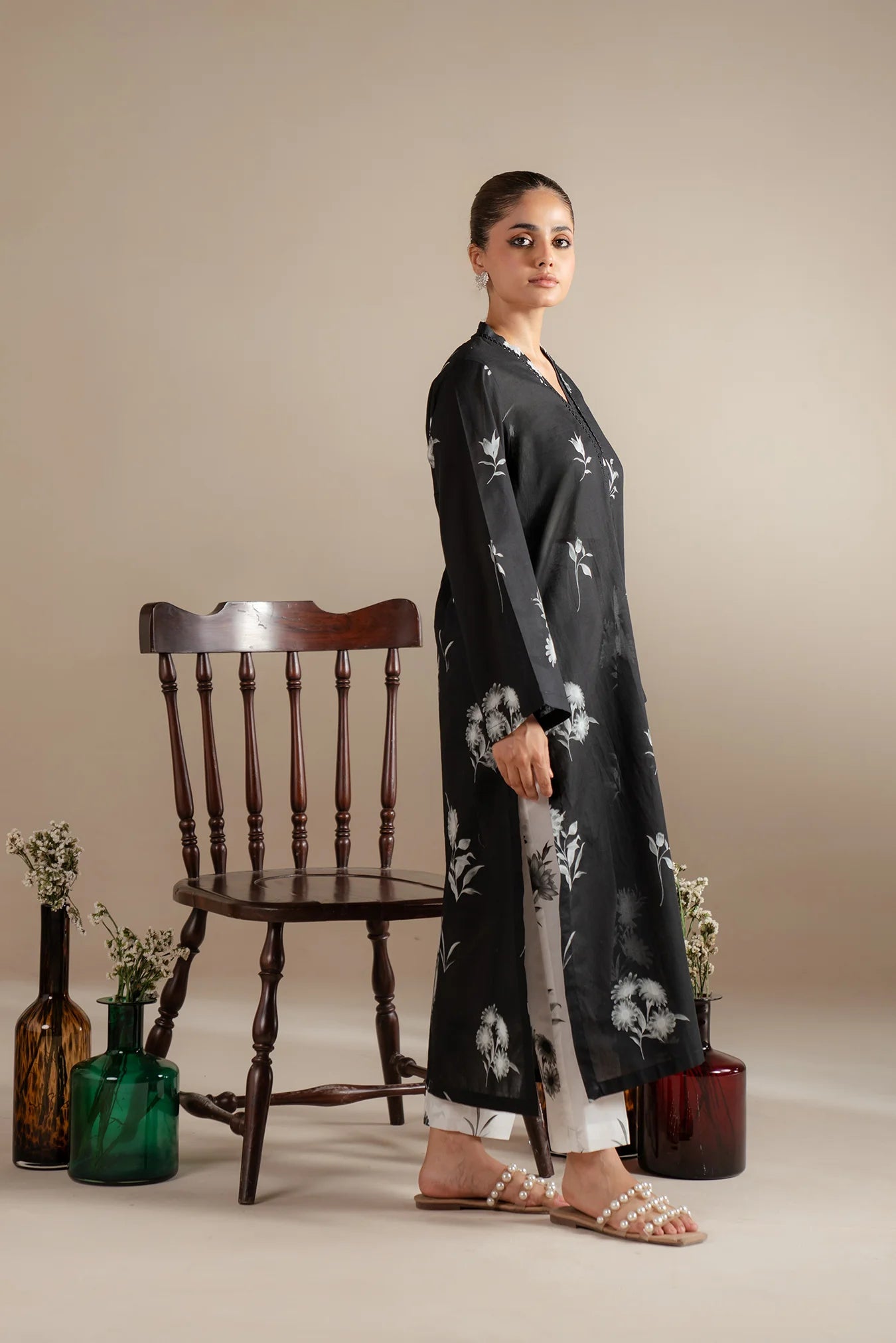 Black/White Monochrome floral Lawn Dress for women