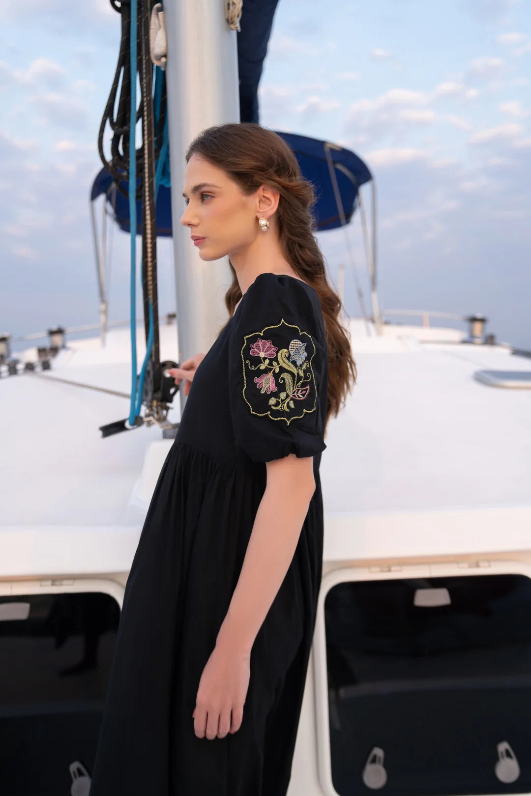 Black embroidered frock back view - women ready to wear cambric 