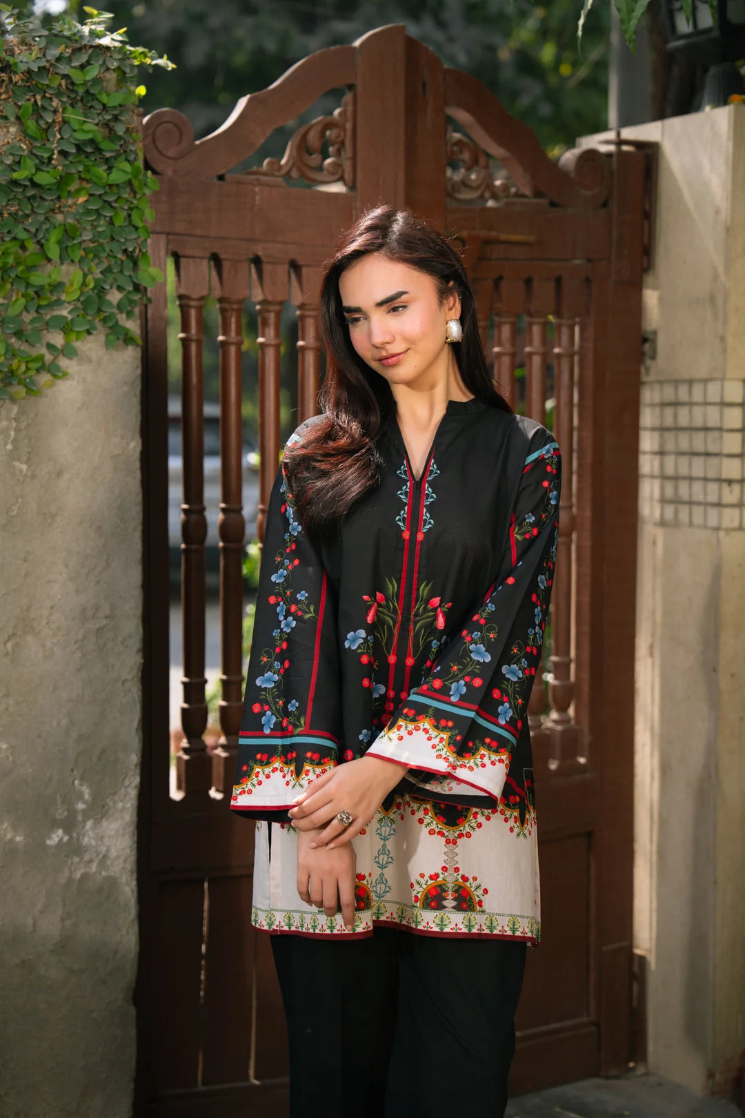 Black ethnic printed cambric shirt for women front view