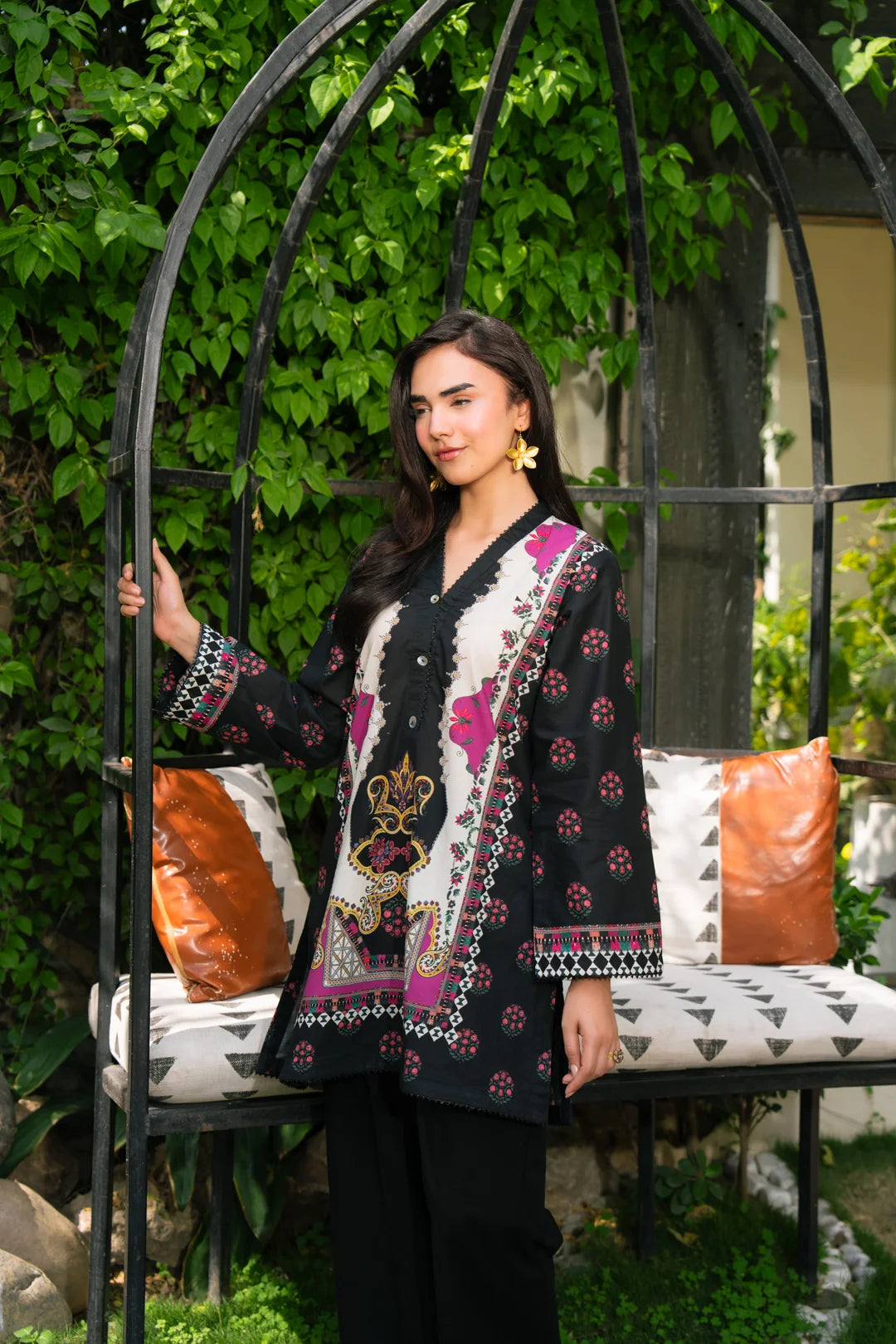 Black floral printed cambric kurti top for women front view