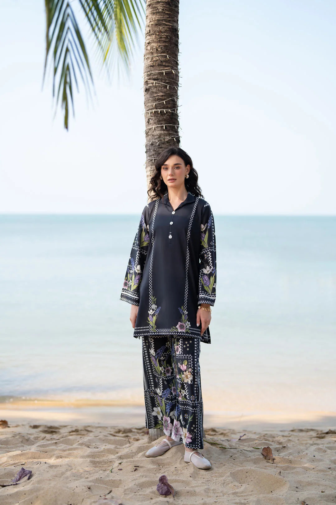 Black floral printed lawn co-ord set for women front view