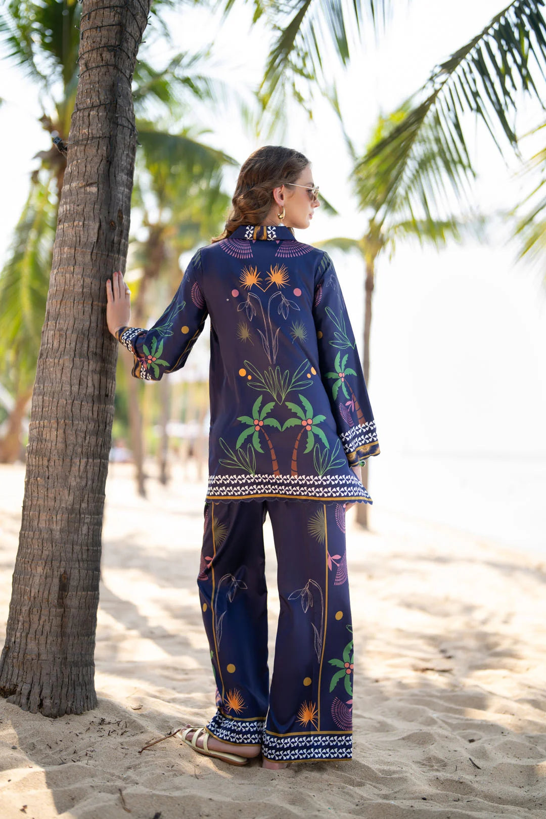 Blue Printed Poly Satin Co-Ord Set for Women