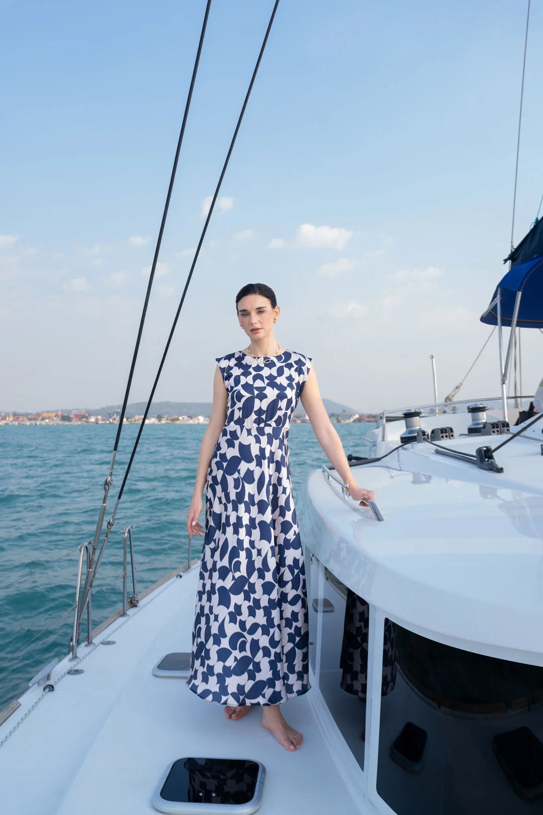 Blue white printed raw silk maxi dress for women