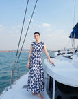Blue white printed raw silk maxi dress for women