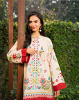 Bold crimson red botanical print close-up ivory cambric fabric Pakistani pret shirt SS-26