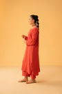 Bold red ladies linen shirt with straight cut and simple neckline