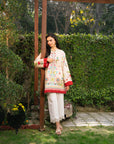 Breathable cambric pret kameez women white trousers wood pergola garden setting full length