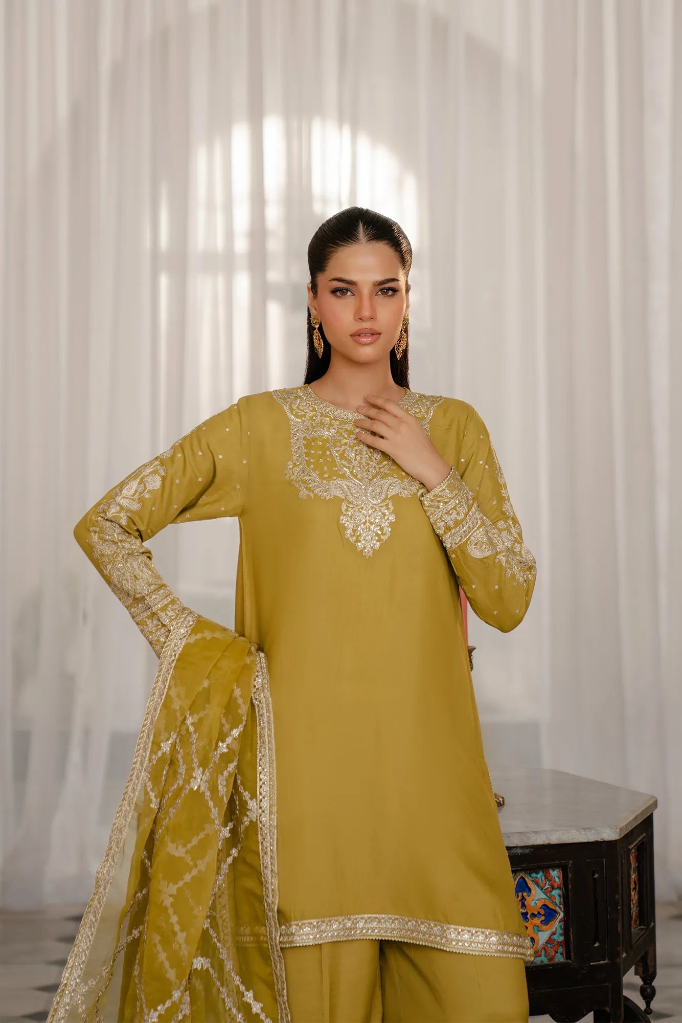 Bridal suit for mehndi ceremony - vibrant lime raw silk suit with organza dupatta and gold work