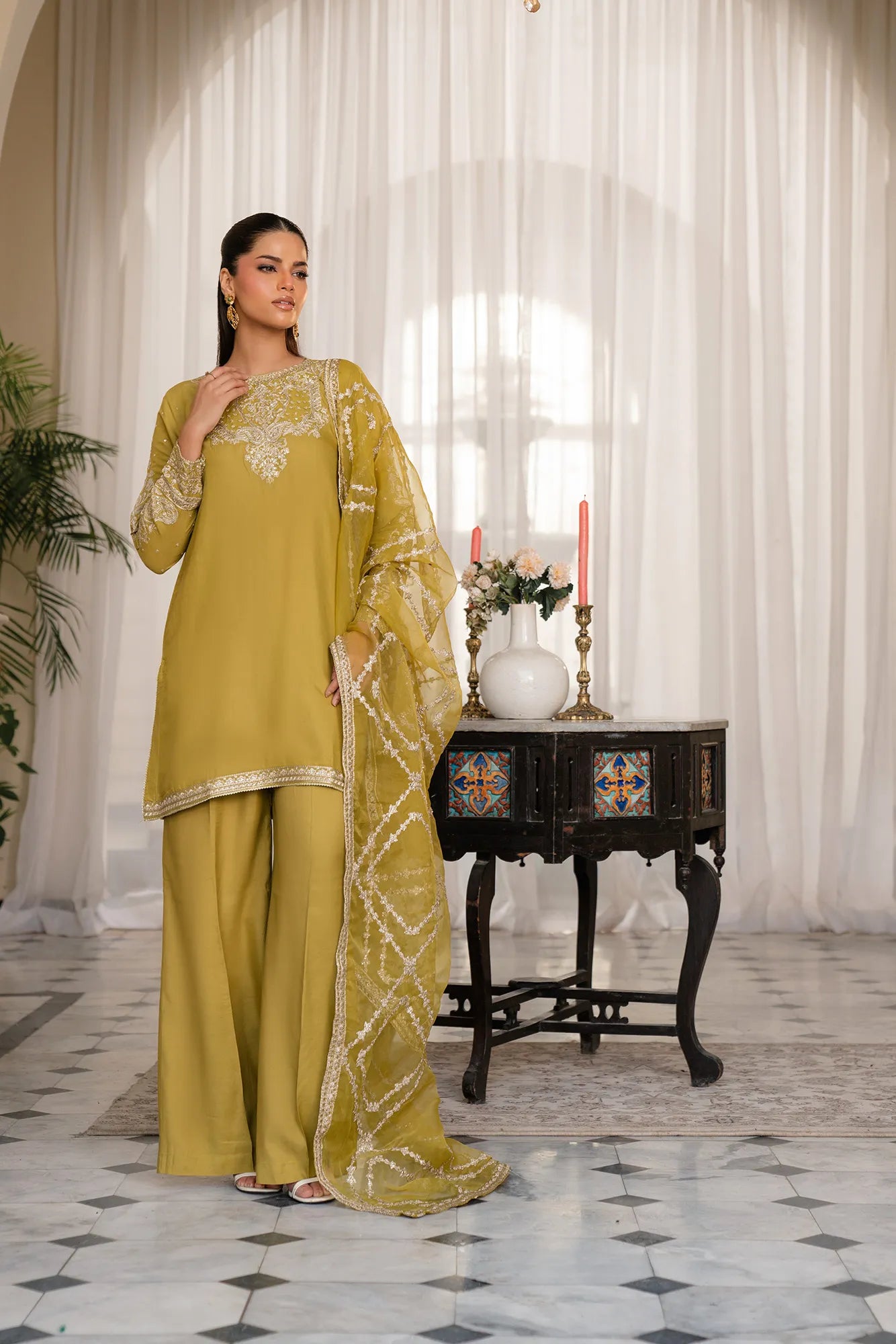 Bridal suit for mehndi lime green - 3 piece raw silk suit with gold embroidery and organza dupatta