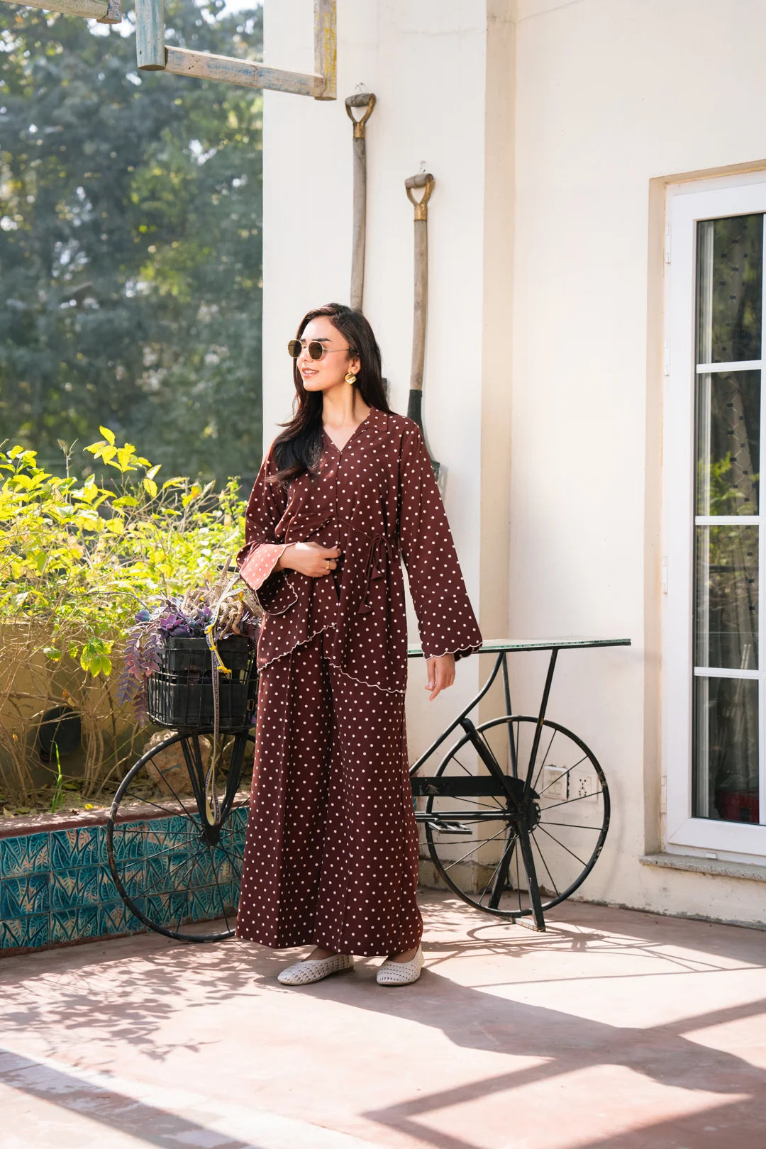 Brown Polka Dot Silk Co-ord Set for Women