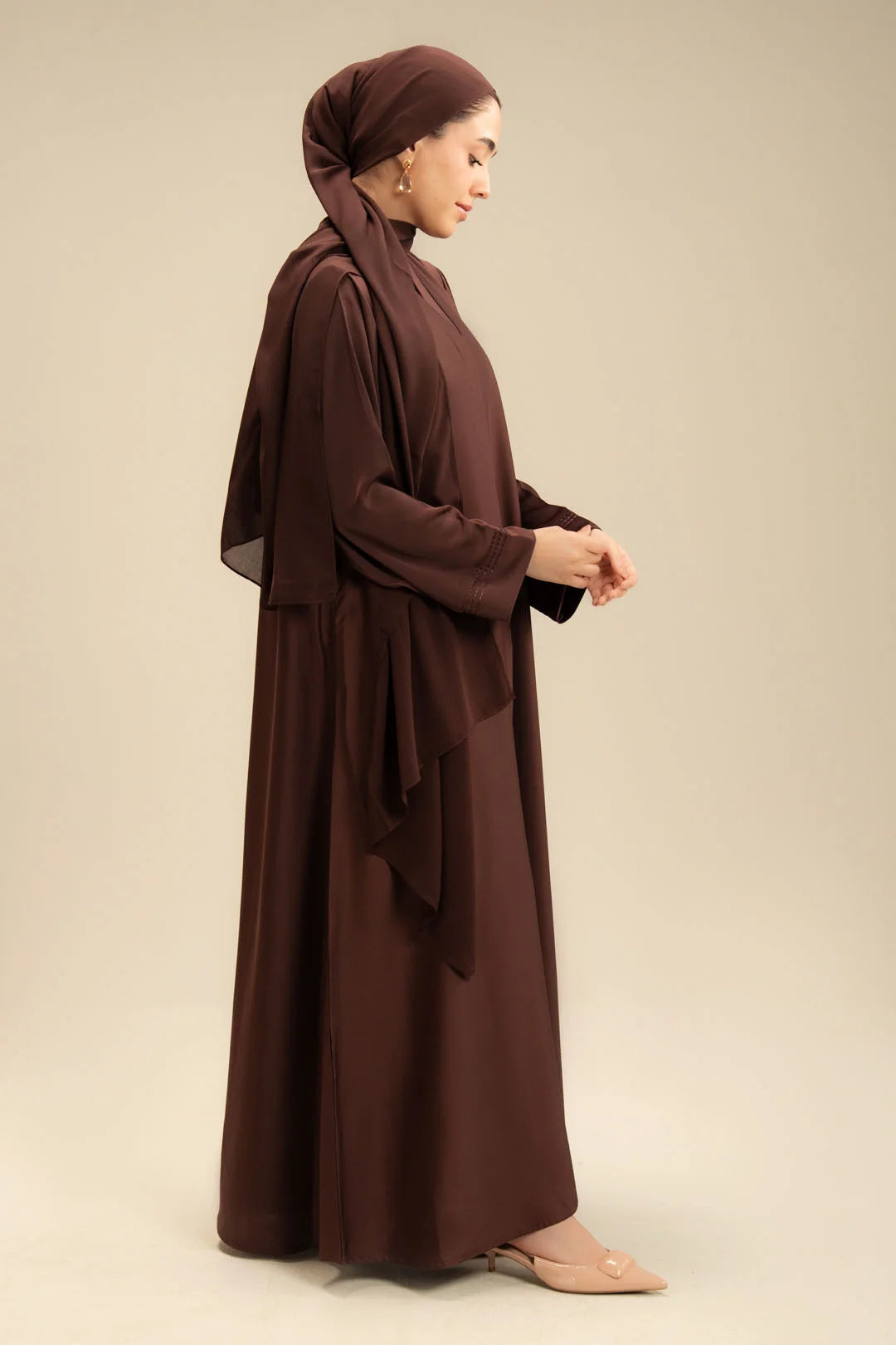 Brown modest wear abaya with embroidered sleeves – Beyond East women's collection 2026