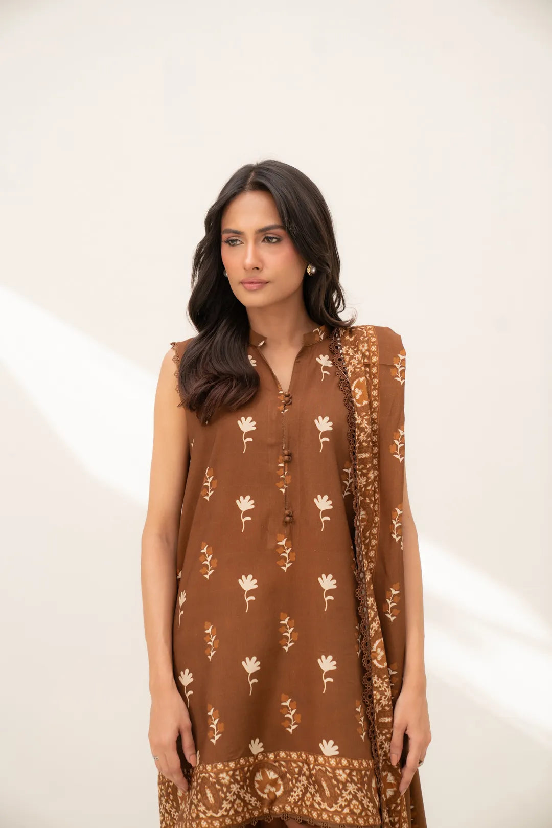 Brown printed linen 3pc unstitched suit with dupatta styling from front view