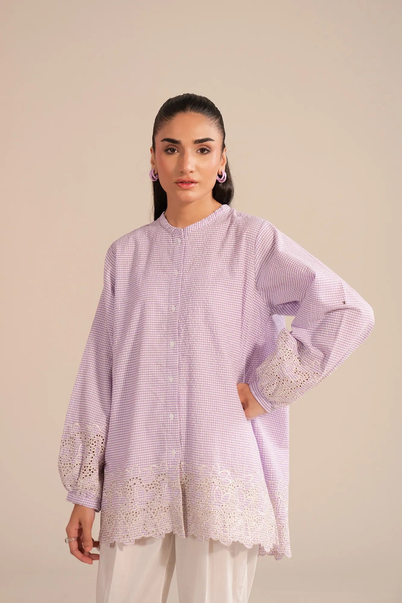 Button-down casual shirt with embroidery for women