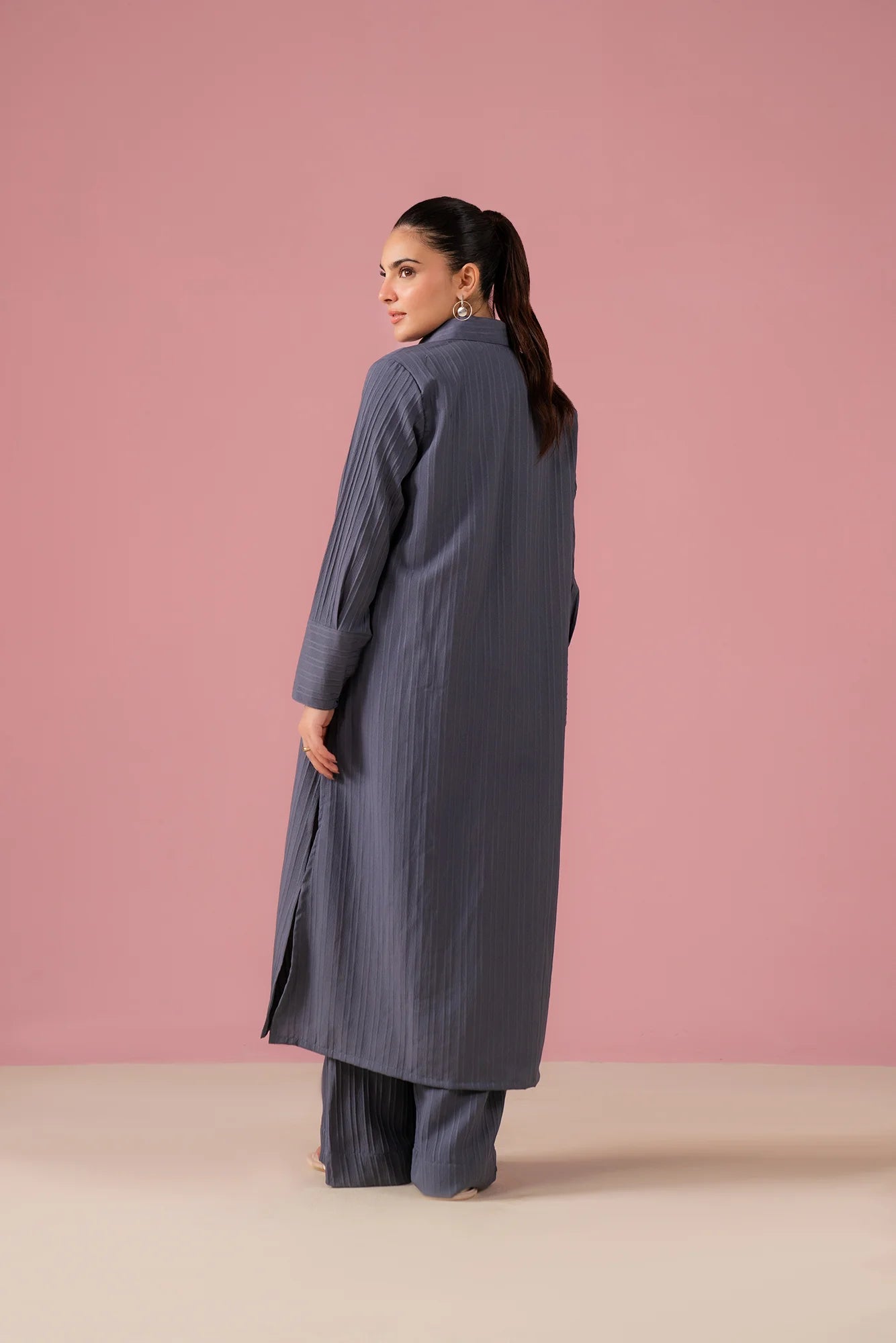 Buy 2-piece textured co-ord set with classic collar button-down shirt and comfortable wide-leg trousers for women