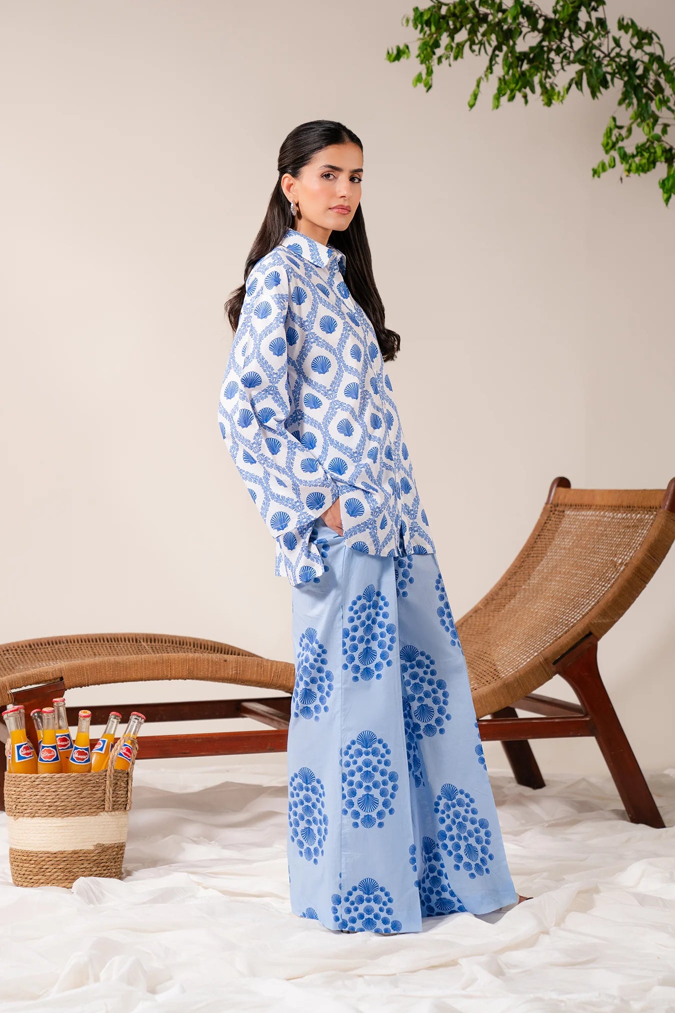 Buy 2 piece lawn co ord sets online in Pakistan – stylish printed outfit for women with button-down shirt and wide-leg pants