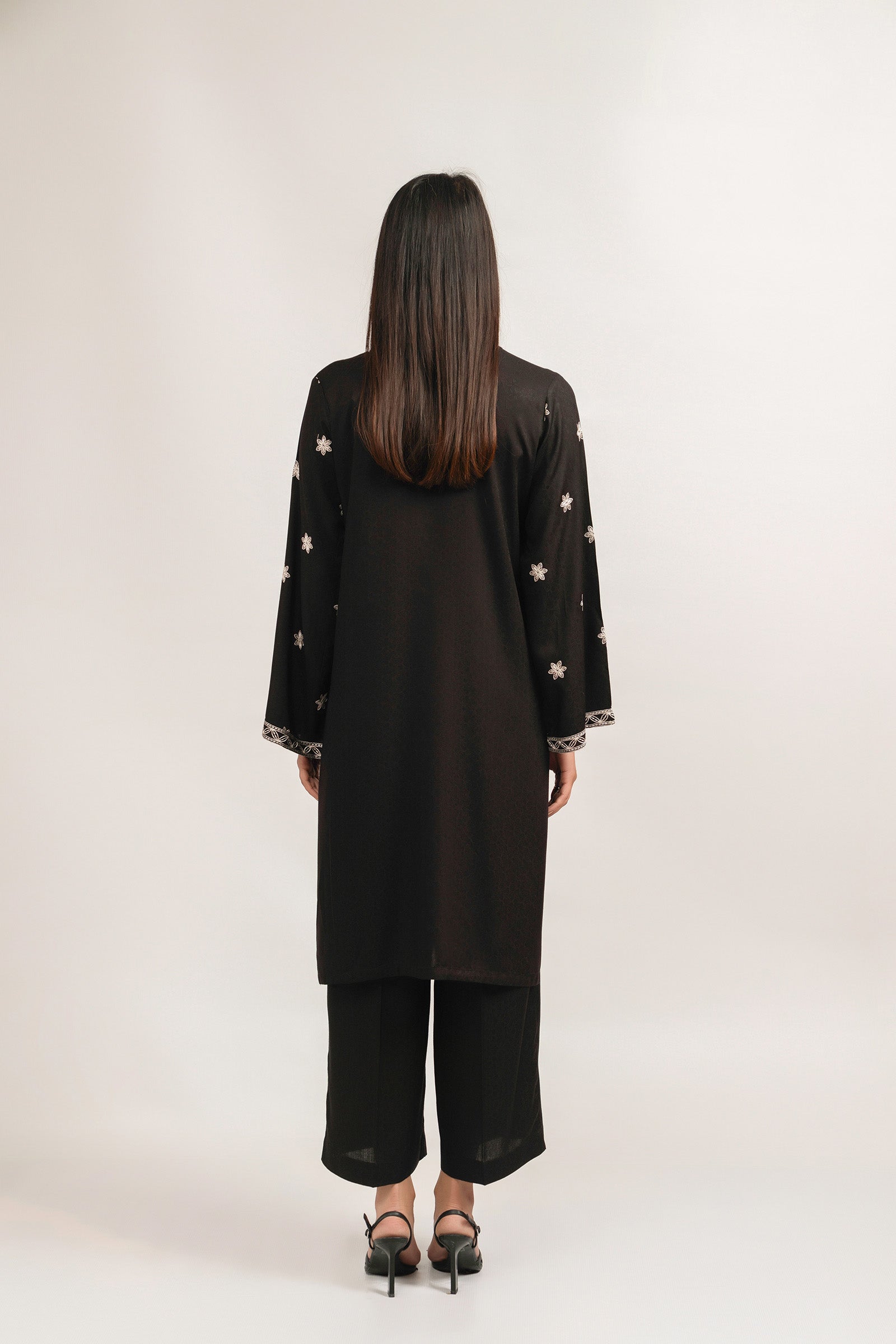 Buy Classic black dobby fabric outfit adorned with white embroidered details
