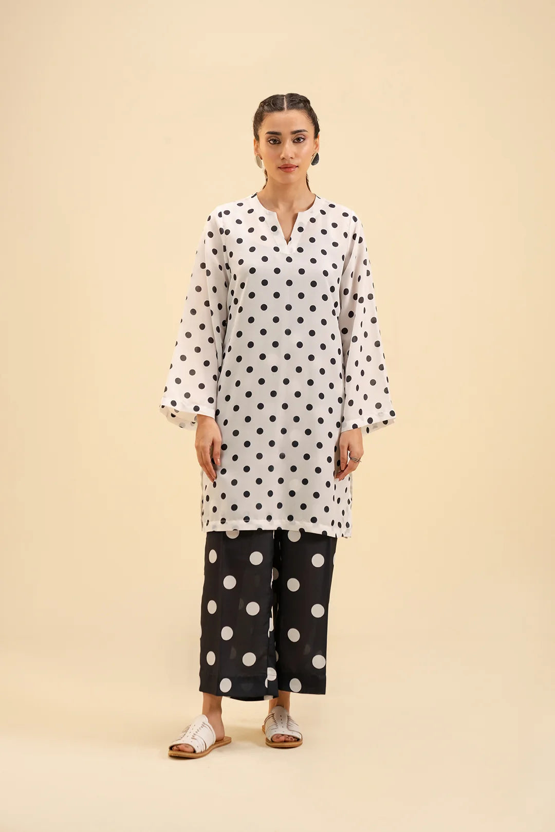 Buy black & white polka dot cambric suit – trendy two piece for women.
