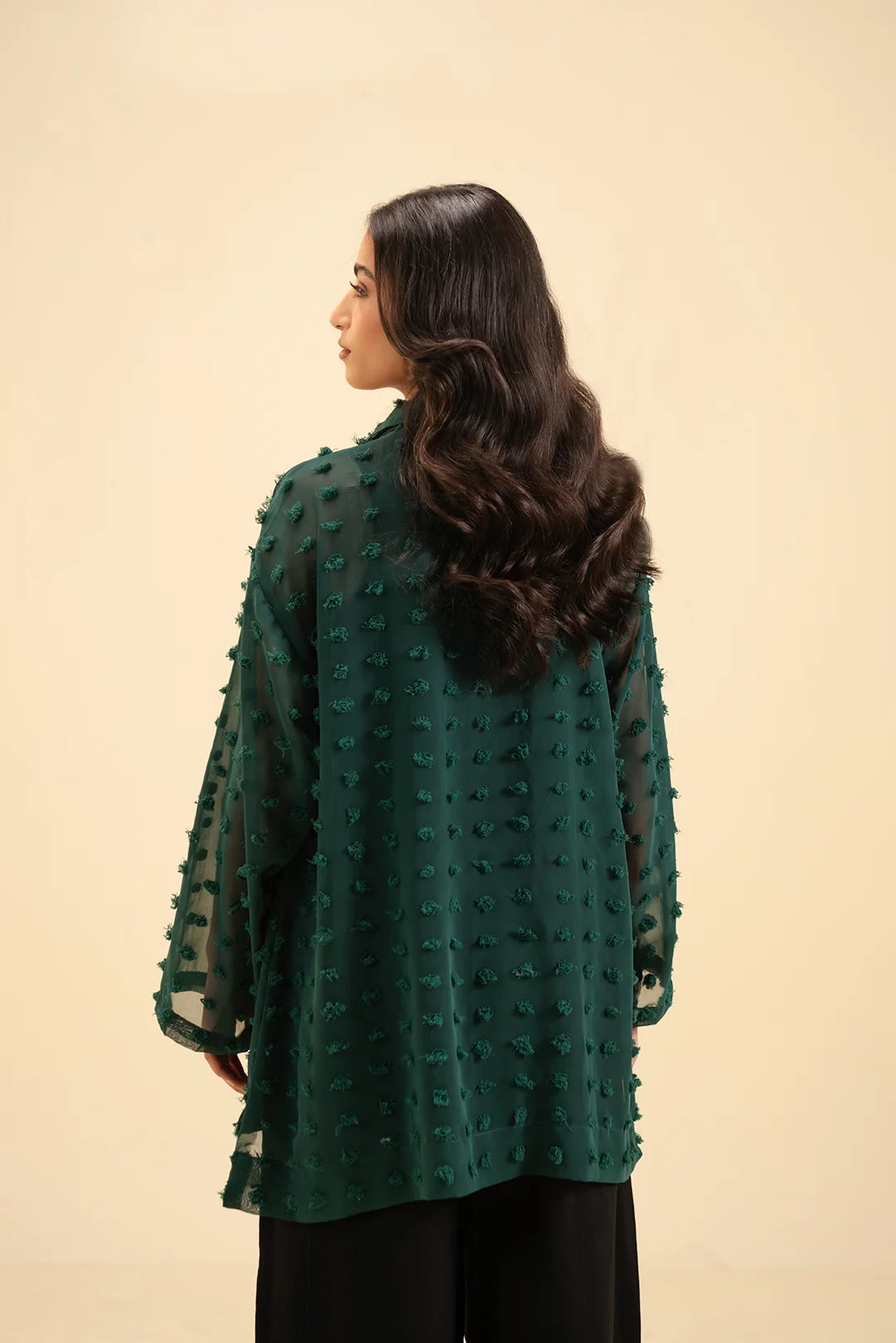 Buy dark green georgette shirt online – chic textured fabric top for casual or formal wear.