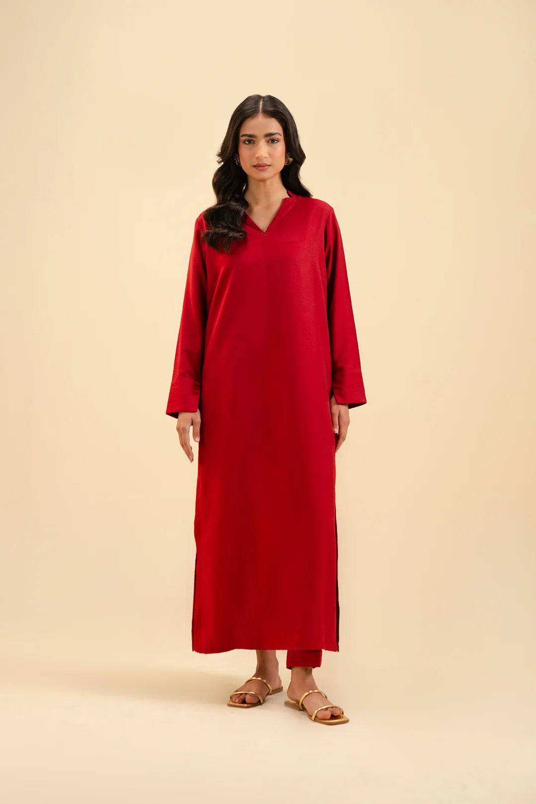 Buy elegant red raw silk suit – 2 piece solid color outfit for women.